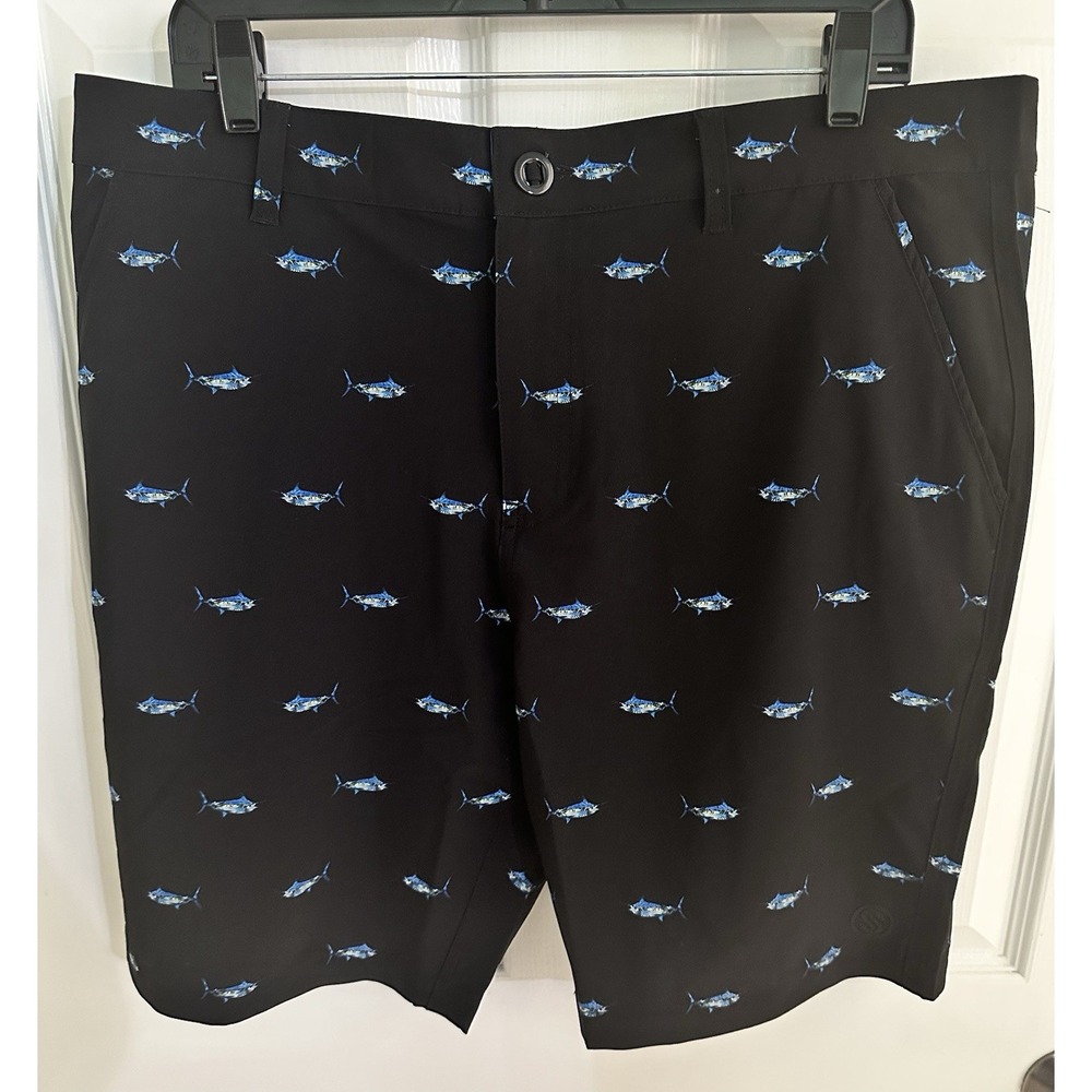 Scales Men's Black/Blue Fish Print Golf Preppy Shorts Stretch Pockets 9" Inseam